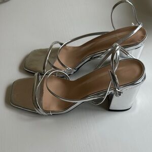 Silver Strappy Block Heel Sandals